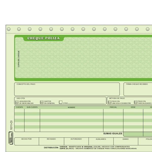 POLIZA DE CHEQUE 1011CI PRINTA.12 OFI. 20 JGO. CCARB 50
